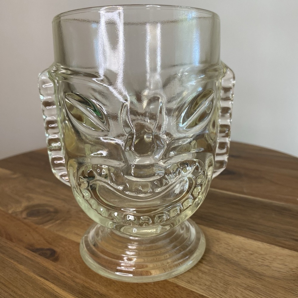 VINTAGE HAWAIIAN TIKI HEAVY GLASS MUG 6+" TALL 2 SIDED WITH HAPPY / SAD FACES